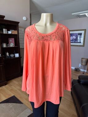 Boutique orange long sleeve blouse with orange lace yoke-size 1X